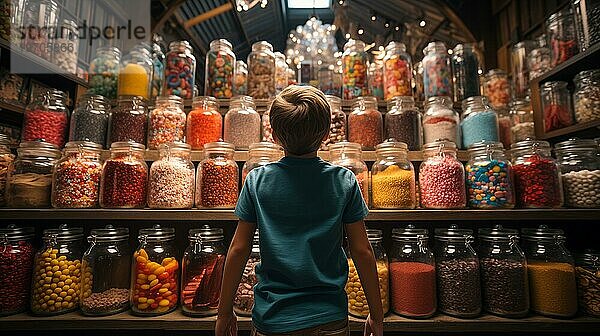 Rückenansicht eines kleinen Kindes  das inmitten einer üppigen Auslage von gläsernen Bonbongläsern auf einem Markt spazieren geht  der mit endlosen Sorten von buntem Konfekt und einer reichhaltigen Auswahl an süßen Leckereien gefüllt ist. generative AI