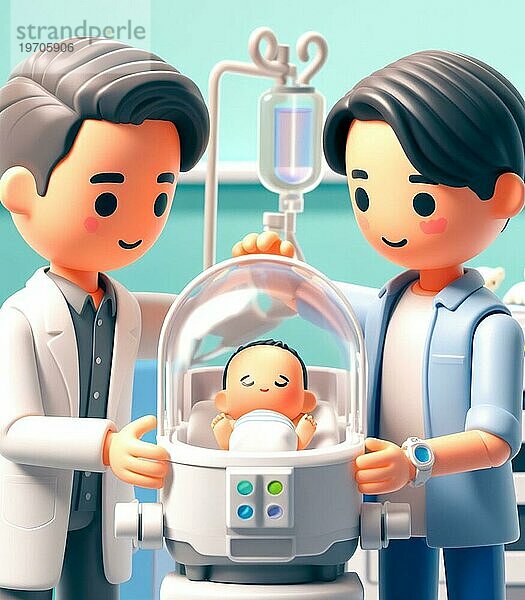 Illustration Darstellung medizinisches Personal Menschen und Vater im Krankenhaus kümmern sich um neugeborene Baby in der Neonatologie Pädiatrie ai generiert
