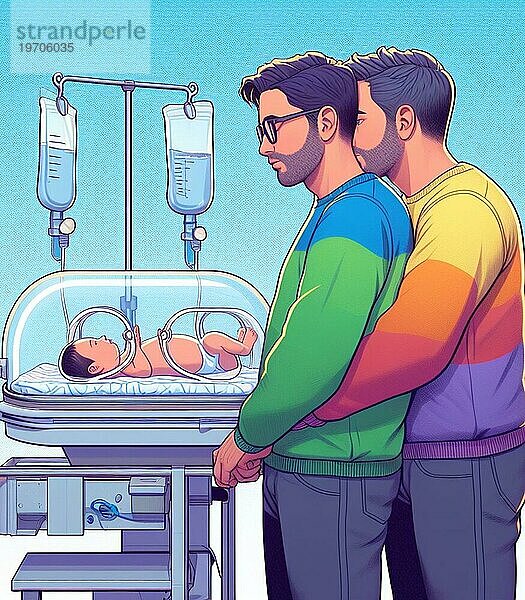 Illustration Darstellung Paar liebevolle Homosexuell Personen im Krankenhaus Neonatologie Pädiatrie kümmern sich um Neugeborene  Regenbogen Familien Konzept  Baby ai generiert
