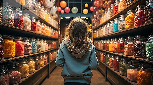 Rückenansicht eines kleinen Kindes  das inmitten einer üppigen Auslage von gläsernen Bonbongläsern auf einem Markt spazieren geht  der mit endlosen Sorten von buntem Konfekt und einer reichhaltigen Auswahl an süßen Leckereien gefüllt ist. generative AI