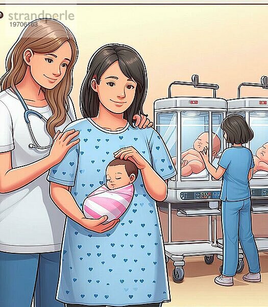 Illustration Darstellung Mutter und medizinisches Personal Menschen im Krankenhaus kümmern sich um neugeborenes Baby ai erzeugt