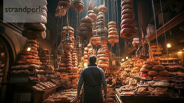 Junger erwachsener Mann inmitten einer riesigen Auslage mit unendlich viel frischem Brot  Backwaren und reichlich Wurst und Käse. generative AI