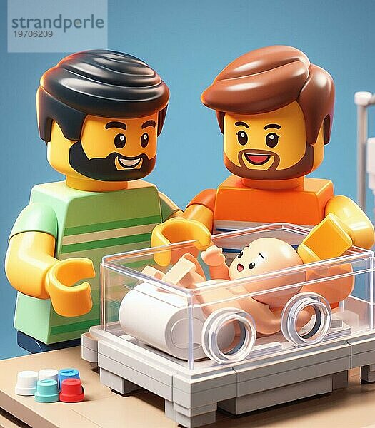Illustration Darstellung Paar freudige Personen im Krankenhaus Neonatologie Pädiatrie kümmern sich um Neugeborene  Regenbogen Familien Konzept  Baby ai generiert