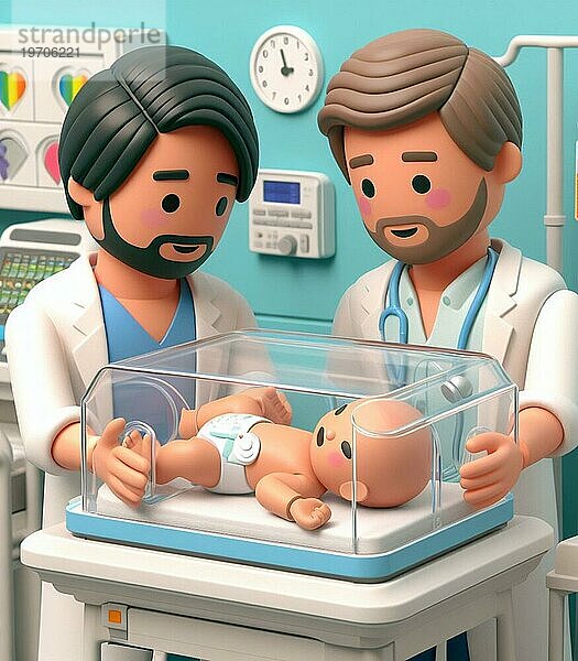 Illustration Darstellung medizinisches Personal Menschen im Krankenhaus kümmern sich um neugeborene Baby ai erzeugt