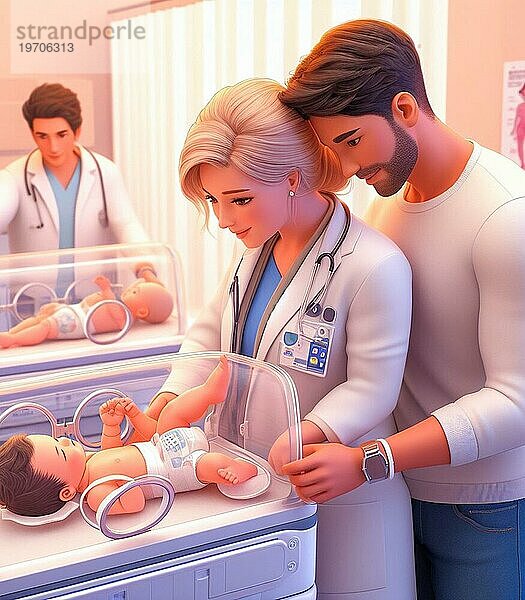 Illustration Darstellung Paar im Krankenhaus Neonatologie Pädiatrie kümmern sich um Neugeborene  Regenbogen Familien Konzept  Baby ai generiert