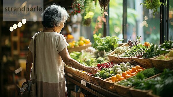 Ältere erwachsene chinesische Frau genießt den Bauernmarkt mit reichhaltigen Produkten. generative AI