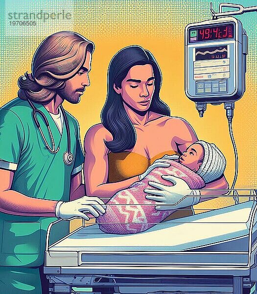 Illustration Darstellung Mutter und Arzt  Krankenhauspersonal Menschen bei neonatologyl kümmern sich um neugeborenes Baby ai generiert