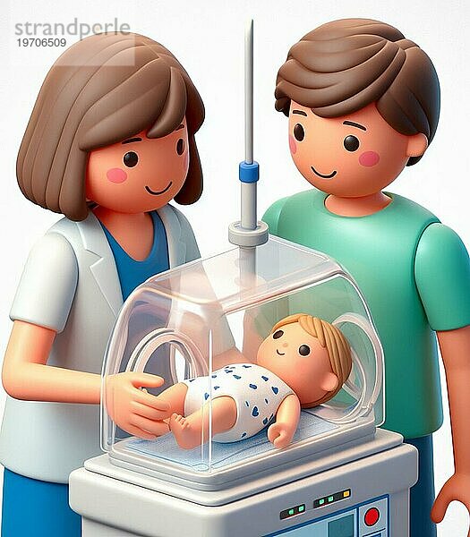 Illustration Darstellung medizinisches Personal Menschen im Krankenhaus kümmern sich um neugeborene Baby in der Neonatologie Pädiatrie ai generiert