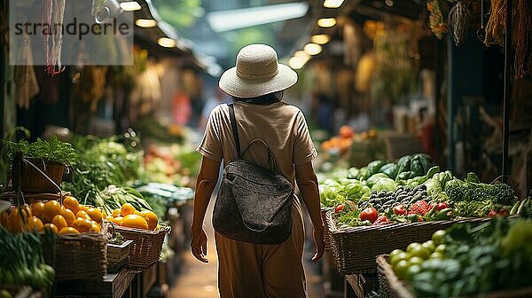 Eine ältere Frau genießt den Bauernmarkt mit seinen üppigen Produkten. generative AI