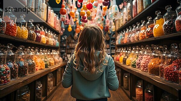 Rückenansicht eines kleinen Kindes  das inmitten einer üppigen Auslage von gläsernen Bonbongläsern auf einem Markt spazieren geht  der mit endlosen Sorten von buntem Konfekt und einer reichhaltigen Auswahl an süßen Leckereien gefüllt ist. generative AI