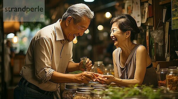 Ein glückliches älteres chinesisches Ehepaar genießt den Bauernmarkt mit seinen üppigen Produkten. generative AI