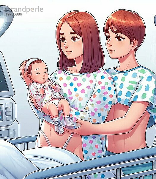 Illustration Darstellung Paar von lesbischen Homosexuell Personen im Krankenhaus Neonatologie Pädiatrie kümmern sich um Neugeborene  Regenbogen Familien Konzept  Baby ai generiert
