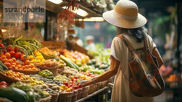 Eine ältere Frau genießt den Bauernmarkt mit seinen üppigen Produkten. generative AI