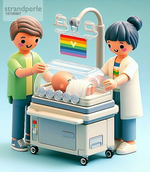 Illustration Darstellung Person Vater oder Mutter  medizinisches Personal im Krankenhaus kümmern sich um neugeborenes Baby  lgbt Familien ai generiert