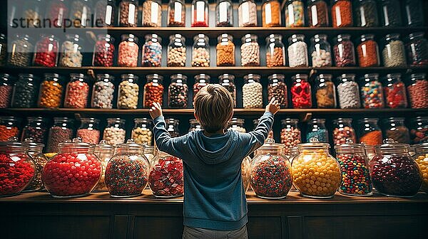 Rückenansicht eines kleinen Kindes  das inmitten einer üppigen Auslage von gläsernen Bonbongläsern auf einem Markt spazieren geht  der mit endlosen Sorten von buntem Konfekt und einer reichhaltigen Auswahl an süßen Leckereien gefüllt ist. generative AI