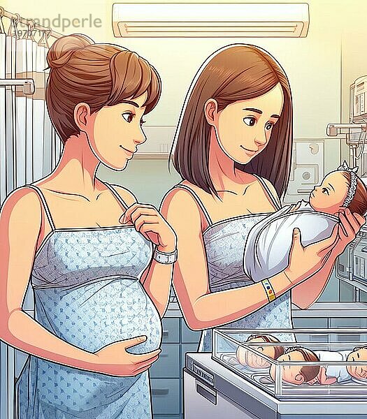Illustration  die Mütter im Krankenhaus zeigt  die sich um ihr neugeborenes Baby kümmern ai generiert