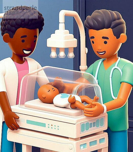 Illustration Darstellung medizinisches Personal Menschen im Krankenhaus kümmern sich um neugeborene Baby in der Neonatologie Pädiatrie ai generiert