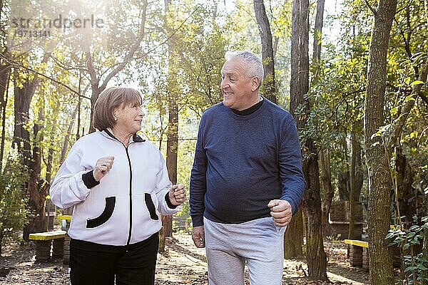 Älteres Paar im Gespräch lachend zusammen Park