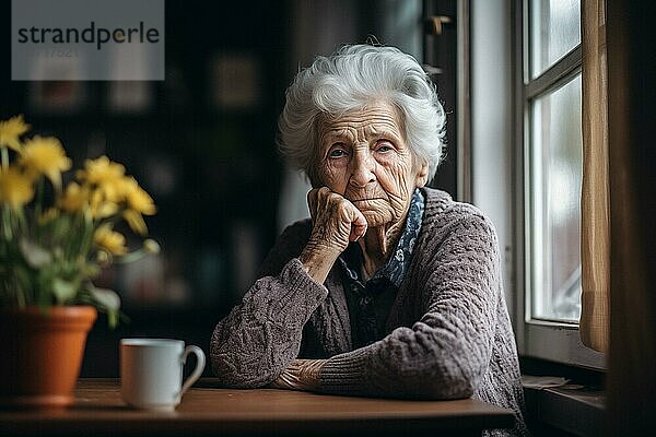 Sehr ältere Frau  die allein in ihrem Wohnzimmer neben einem Fenster sitzt. Sie hat einen traurigen Gesichtsausdruck  der ihre Einsamkeit und soziale Abgeschiedenheit zeigt. AI generiert