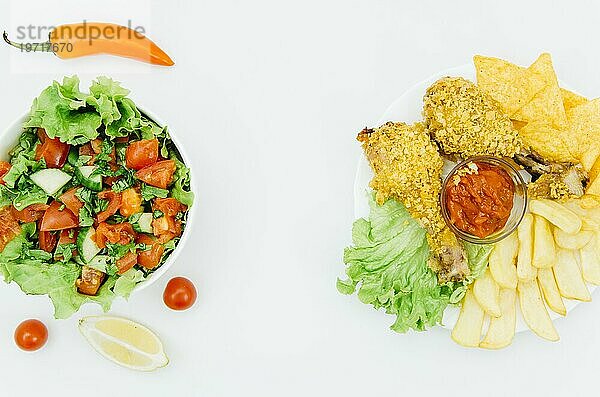 Draufsicht Brathähnchen vs. Salat