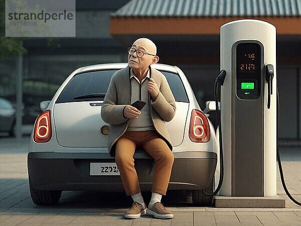 Sleepy gelangweilt asiatischen Patienten Senior im Ruhestand Mann wartet ev Elektro Hybrid Auto Geländewagen  um die Batterie aufzuladen  um weiter reisen Kunst ai generiert