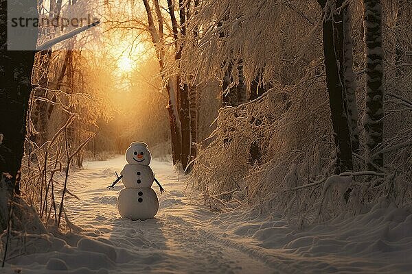 Ein fröhlich aussehender Schneemann steht in einem Wald  Schnee liegt auf einem Waldweg  Sonnenuntergang. AI generiert