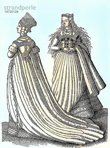 Braut im Hochzeitskleid in Nürnberg im 16. Jahrhundert  Kostümbild  digital verbesserte Reproduktion aus einer Publikation aus dem Jahr 1880  Bride in the wedding dress in Nuremberg in the 16th century  costume picture  digital improved reproduction from a publication of the year 1880