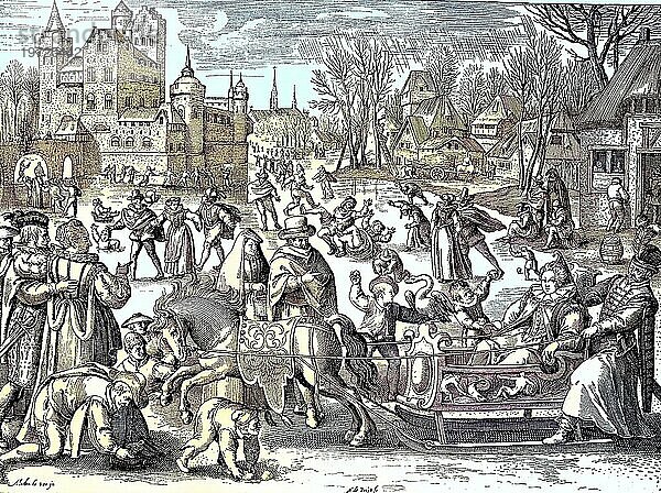 Digital restauriert  Die Freuden des Winters in einer Stadt  Schlittenfahrt  Schlittschuhlaufen  Frankreich  Kupferstich von De Bruyn  Veröffentlichung aus dem Jahr 1882  Digital improved:  The pleasures of winter in a city  sleigh ride  ice skating  France  copper engraving by De Bruyn  publication from the year 1882  Europa