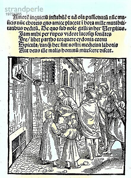 Digital restauriert  Frau  Prostituierte mit nacktem Oberkörper gießt den Inhalt des Alptraums  Urin  auf die Straße  vor ihrem Fenster spielen Musiker  satirischer Holzschnitt auf das Liebespaar  Veröffentlichung aus dem Jahr 1882  Digital improved:  Woman  prostitute with a naked torso pours the contents of the nightmare  urine  to the street  in front of her window play musicians  satirical woodcut on the lovers  publication from the year 1882