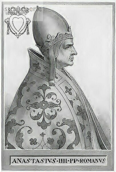 Anastasius IV. (geboren um 1073 in Rom) (verstorben 3. Dezember 1154 ebenda)  ursprünglich Konrad von Suburra  auch Corrado della Suburra  wurde am 8. Juli 1153 als Nachfolger von Eugen III. zum Papst gewählt und am 12. Juli 1153 gekrönt  Historisch  digital restaurierte Reproduktion von einer Vorlage aus dem 19. Jahrhundert  Anastasius IV (born c. 1073 in Rome) (died December 3) (1154 there)  originally Conrad of Suburra  also Corrado della Suburra  was elected pope on July 8  1153  succeeding Eugene III