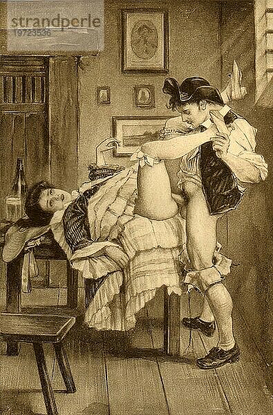 Mann und Frau beim Sex auf einem Tisch  Erotische Illustration von Edouard-Henri Avril (21. Mai 1849 bis 1928)  ein französischer Maler und Grafiker  unter dem Namen Paul Avril wurde er als Illustrator erotischer bis pornografischer Romane bekannt  Historisch  digital restaurierte Reproduktion von einer Vorlage aus dem 19. Jahrhundert
