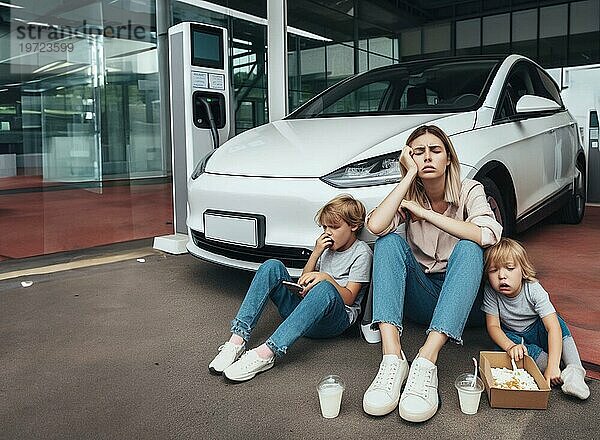 Sleepy gelangweilt Mutter und Kinder warten ev Elektro Hybrid Auto suv volle Ladung Batterie zu reisen Kunst ai generiert weiter
