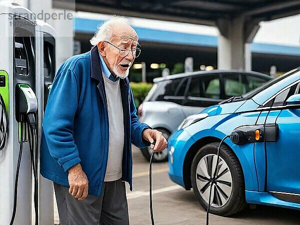 Sleepy gelangweilt Patient Senior Rentner Mann wartet ev Elektro Hybrid Auto Geländewagen zum Aufladen der Batterie  um weiter zu reisen Kunst ai erzeugt