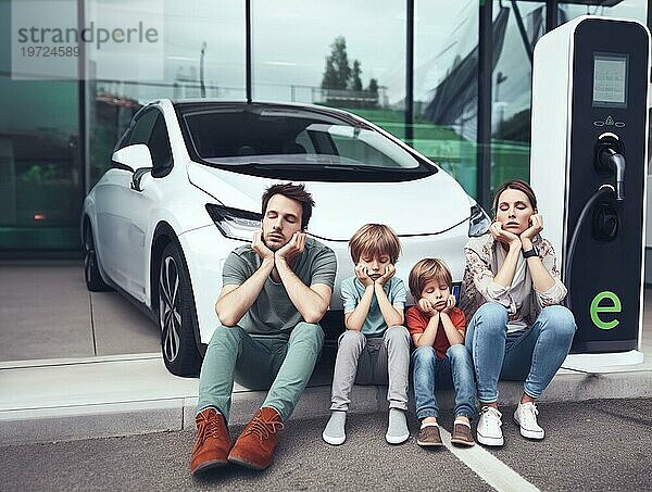 Sleepy gelangweilt Familie Menschen warten ev Elektro Hybrid Auto Geländewagen zum Aufladen der Batterie  um weiter zu reisen  Sommerzeit  Kunst ai erzeugt