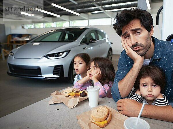 Sleepy gelangweilt Vater und Kinder  Familie Menschen essen während des Wartens ev Elektro Hybrid Auto Geländewagen zum Aufladen der Batterie  um weiter zu reisen Kunst ai generiert