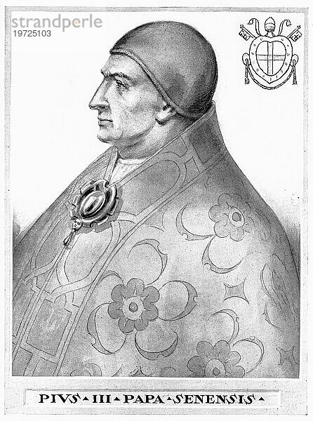 Pius III.  ursprünglich Francesco Todeschini Piccolomini (geboren 29. Mai 1439 in Siena) (verstorben 18. Oktober 1503 in Rom)  war vom 22. September 1503 bis zum 18. Oktober 1503 Papst der römisch-katholischen Kirche  Historisch  digital restaurierte Reproduktion von einer Vorlage aus dem 19. Jahrhundert  Pius III  originally Francesco Todeschini Piccolomini (born May 29) (1439 in Siena) (died October 18) (1503 in Rome)  was Pope of the Roman Catholic Church from September 22  1503 to October 18  1503  Histo