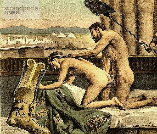 Mann und Frau beim Sex  Erotische Illustration von Edouard-Henri Avril (21. Mai 1849 bis 1928)  ein französischer Maler und Grafiker  unter dem Namen Paul Avril wurde er als Illustrator erotischer bis pornografischer Romane bekannt  Historisch  digital restaurierte Reproduktion von einer Vorlage aus dem 19. Jahrhundert