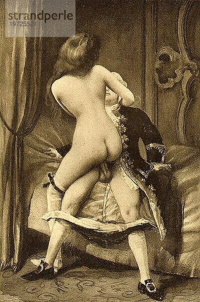 Paar beim Sex  Erotische Illustration von Edouard-Henri Avril (21. Mai 1849 bis 1928)  ein französischer Maler und Grafiker  unter dem Namen Paul Avril wurde er als Illustrator erotischer bis pornografischer Romane bekannt  Historisch  digital restaurierte Reproduktion von einer Vorlage aus dem 19. Jahrhundert