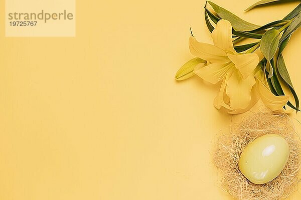 Erhöhte Ansicht frische Lilie Blume mit Osterei Nest gelben Hintergrund