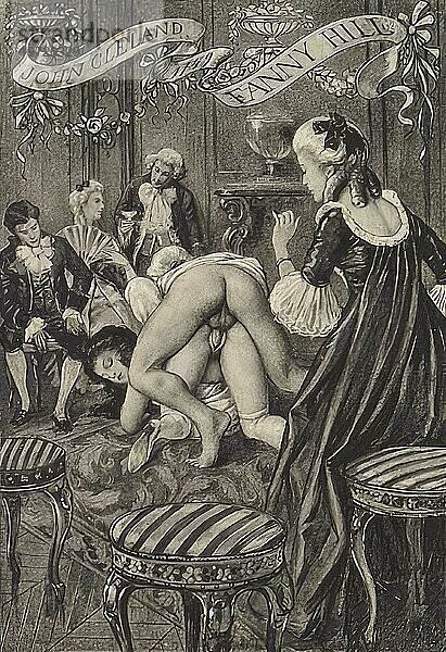 Mann und Frau beim Sex mit Zuschauern  Illustration aus Fanny Hill  im englischen Original Memoirs of a Woman of Pleasure  ein erotischer Roman von John Cleland  der 1749 in London erschien  Historisch  digital restaurierte Reproduktion von einer Vorlage aus dem 19. Jahrhundert