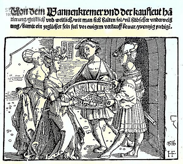 Digital restauriert  Kostüme  Frauen begutachten die Waren der Hausierer  Kaufleute  Holzschnitt von 1516  Veröffentlichung aus dem Jahr 1882  Digital improved:  Costumes  women examine the goods of the peddlers  merchants  woodcut of 1516  publication from the year 1882