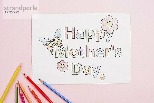Glückliche Mütter Tag Zeichnung Papier mit Bleistiften
