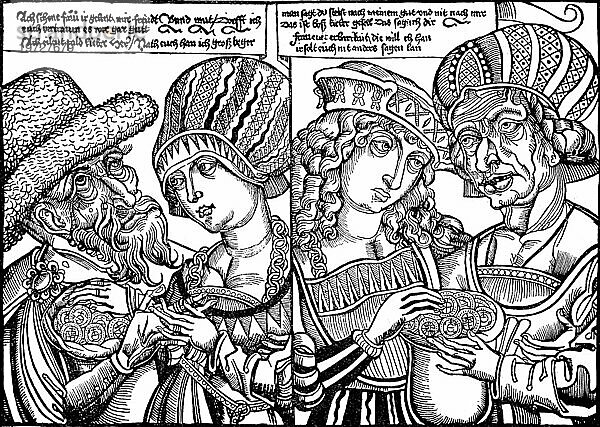 Das ungleiche Liebespaar  Satire-Illustration aus dem Jahr 1500 über den Altersunterschied von Liebenden  digital verbesserte Reproduktion aus einer Publikation aus dem Jahr 1880  The unequal love couple  satire illustration from the year 1500 over the age difference of lovers  digital improved reproduction from a publication of the year 1880