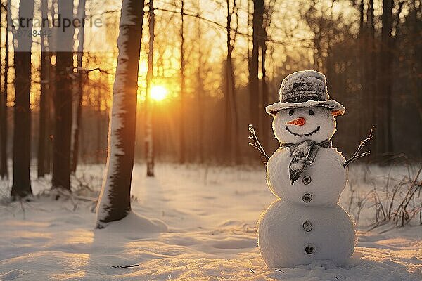 Ein fröhlich aussehender Schneemann steht in einem Wald  es liegt Schnee  Sonnenuntergang. AI generiert