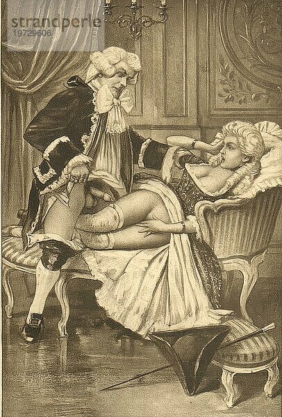 Mann und Frau beim Sex  Erotische Illustration von Edouard-Henri Avril (21. Mai 1849 bis 1928)  ein französischer Maler und Grafiker  unter dem Namen Paul Avril wurde er als Illustrator erotischer bis pornografischer Romane bekannt  Historisch  digital restaurierte Reproduktion von einer Vorlage aus dem 19. Jahrhundert