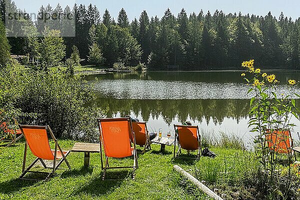 Liegestühle auf einer Wiese am Pflegersee  Garmisch-Partenkirchen  Werdenfelser Land  Oberbayern  Bayern  Deutschland  Europa