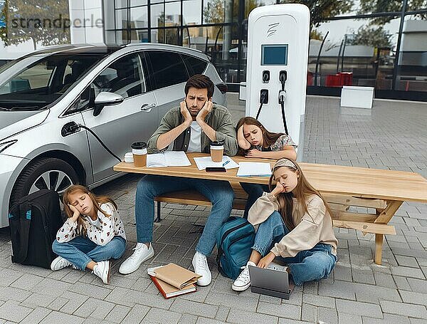 Sleepy gelangweilt Familie Menschen warten ev Elektro Hybrid Auto Geländewagen  um die Batterie aufzuladen  um weiter reisen Kunst ai generiert