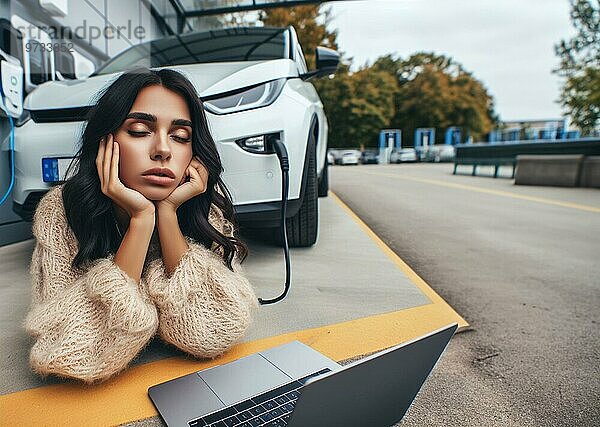 Sleepy gelangweilt geduldig junge Brünette hispanische Frau wartet ev Elektro Hybrid Auto suv zum Aufladen der Batterie  um weiter zu reisen  Winterzeit  Kunst ai generiert