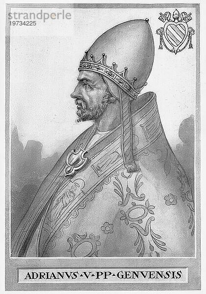 Hadrian V. (geboren um 1205) (nach anderen Angaben 1215 in Genua) (verstorben 18. August 1276 in Viterbo)  ursprünglich Ottobono Fieschi dei Conti di Lavagna  Graf von Lavagna  war im Vierpäpstejahr 1276 für 38 Tage der dritte Papst dieses Jahres  Historisch  digital restaurierte Reproduktion von einer Vorlage aus dem 19. Jahrhundert Hadrian V (born c. 1205) (according to others 1215 in Genoa) (died August 18) (1276 in Viterbo)  originally Ottobono Fieschi dei Conti di Lavagna  Count of Lavagna  was the thi