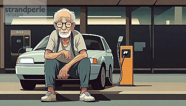 Sleepy gelangweilt Asien Patient Senior Rentner Mann wartet ev Elektro Hybrid Auto Geländewagen zum Aufladen der Batterie weiter reisen Kunst ai generiert